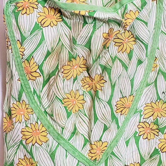 Vintage Apron Handmade Pullover Tie Waist Lime Green Yellow Daisy Print Pocket - Picture 3 of 11